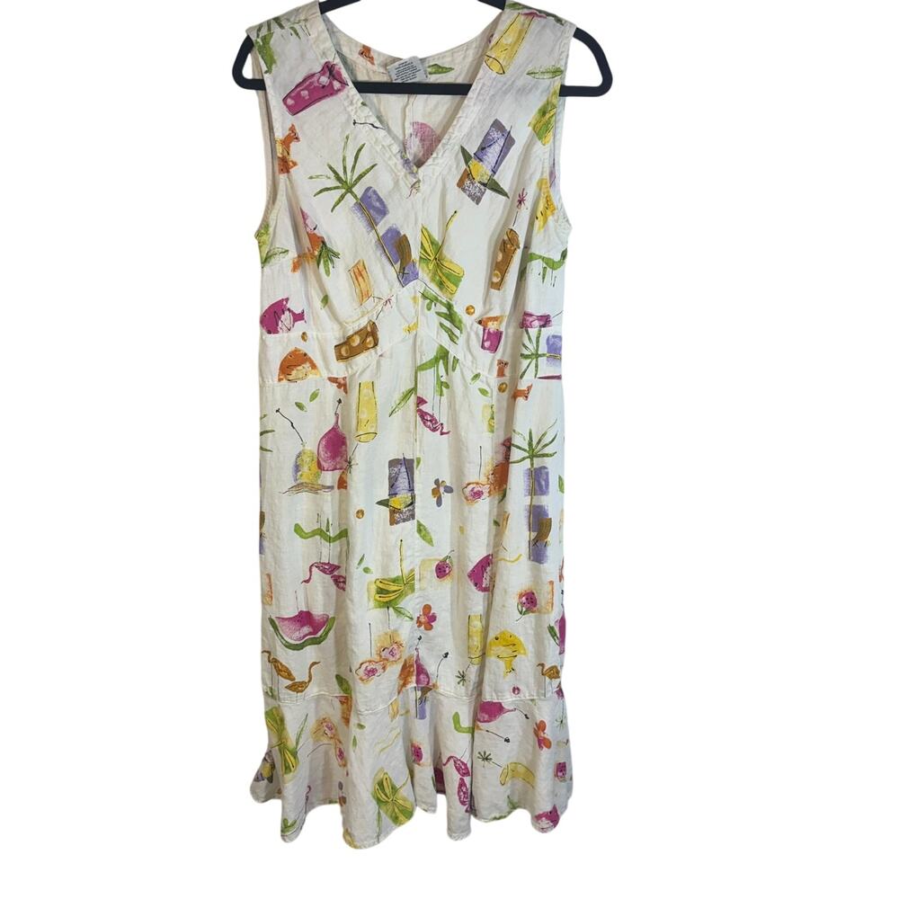 Vintage California Threads Linen Dress L USA Novelty Print Sleeveless Midi
